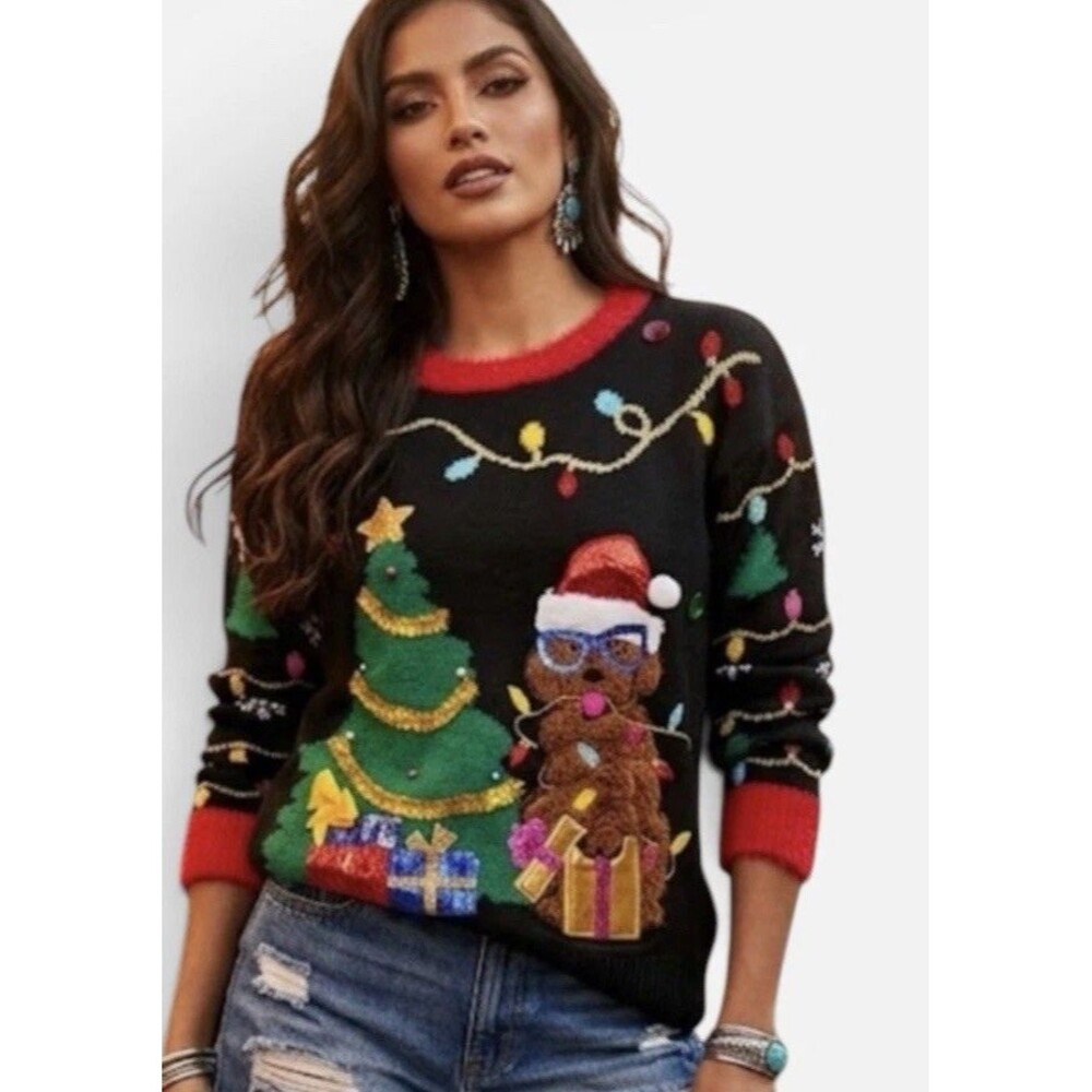 Ugly Christmas Sweater Black Sweater Size Small Dog Puppy Women's Jollidays BxL